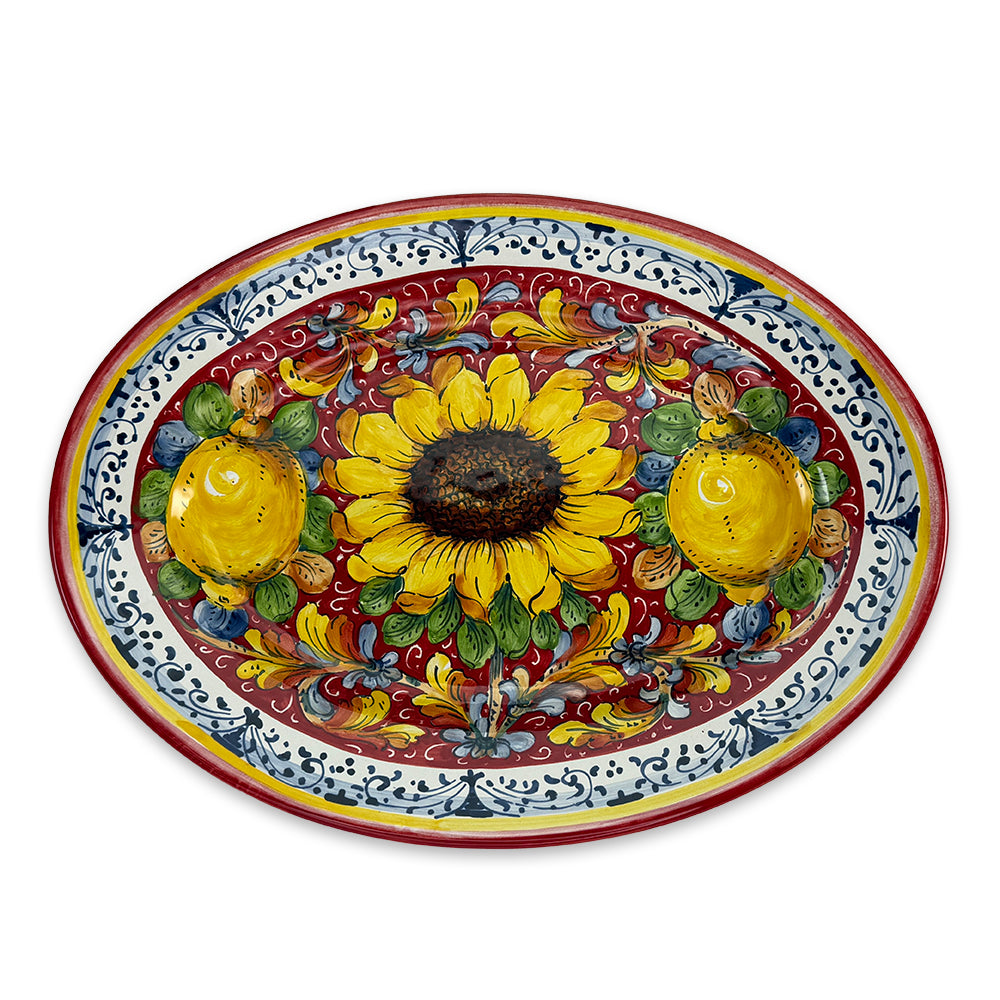 Borgioli - Sunflower on Red Oval Platter (27x37cm)